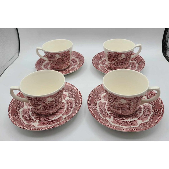 Vtg Grindley Red Staffordshire England Cups & Saucers. Set of 4. English Country - Picture 13 of 13